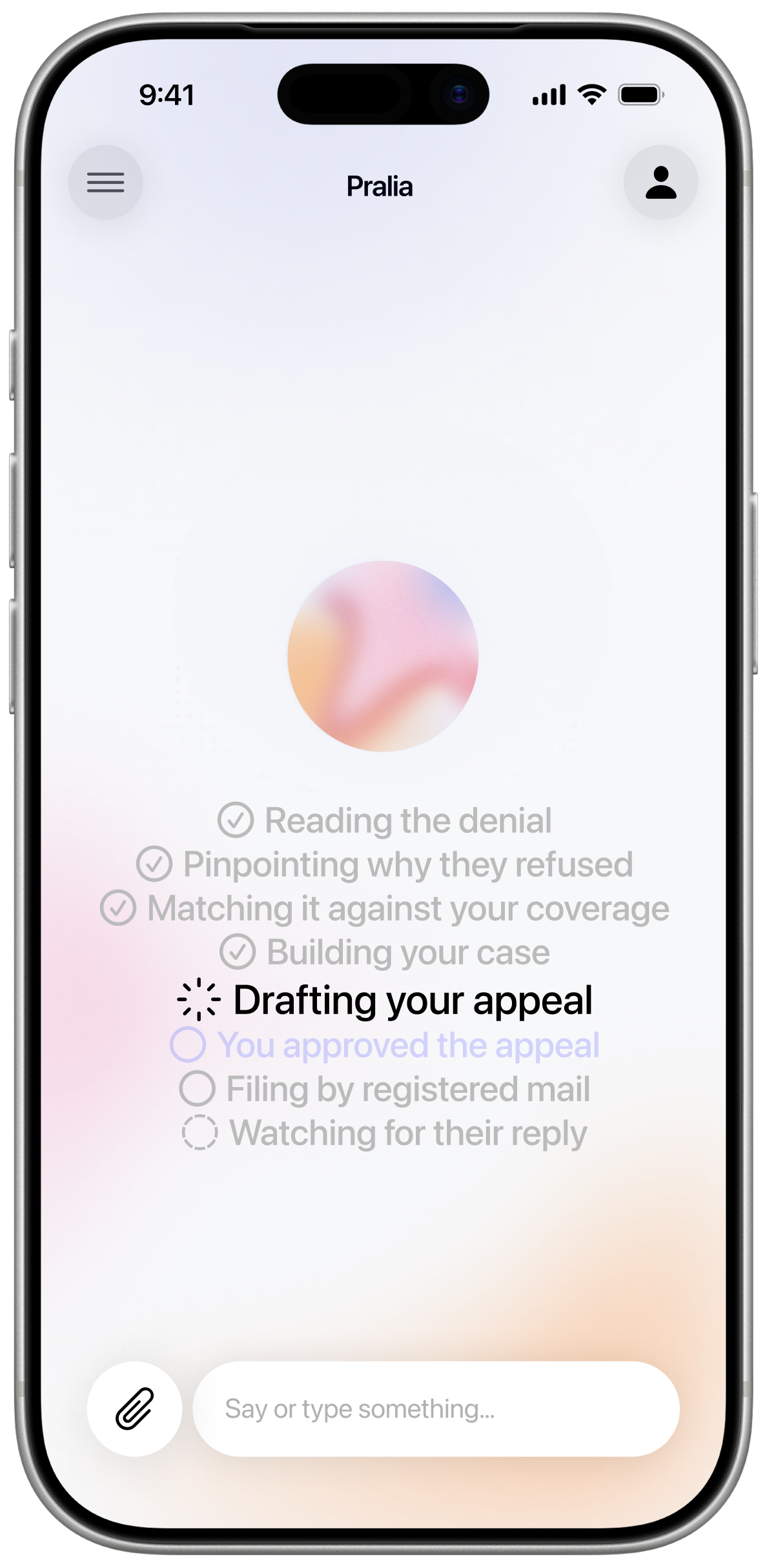 Pralia prototype on a phone: appealing an insurance denial: case built, appeal drafted, waiting for your approval before filing
