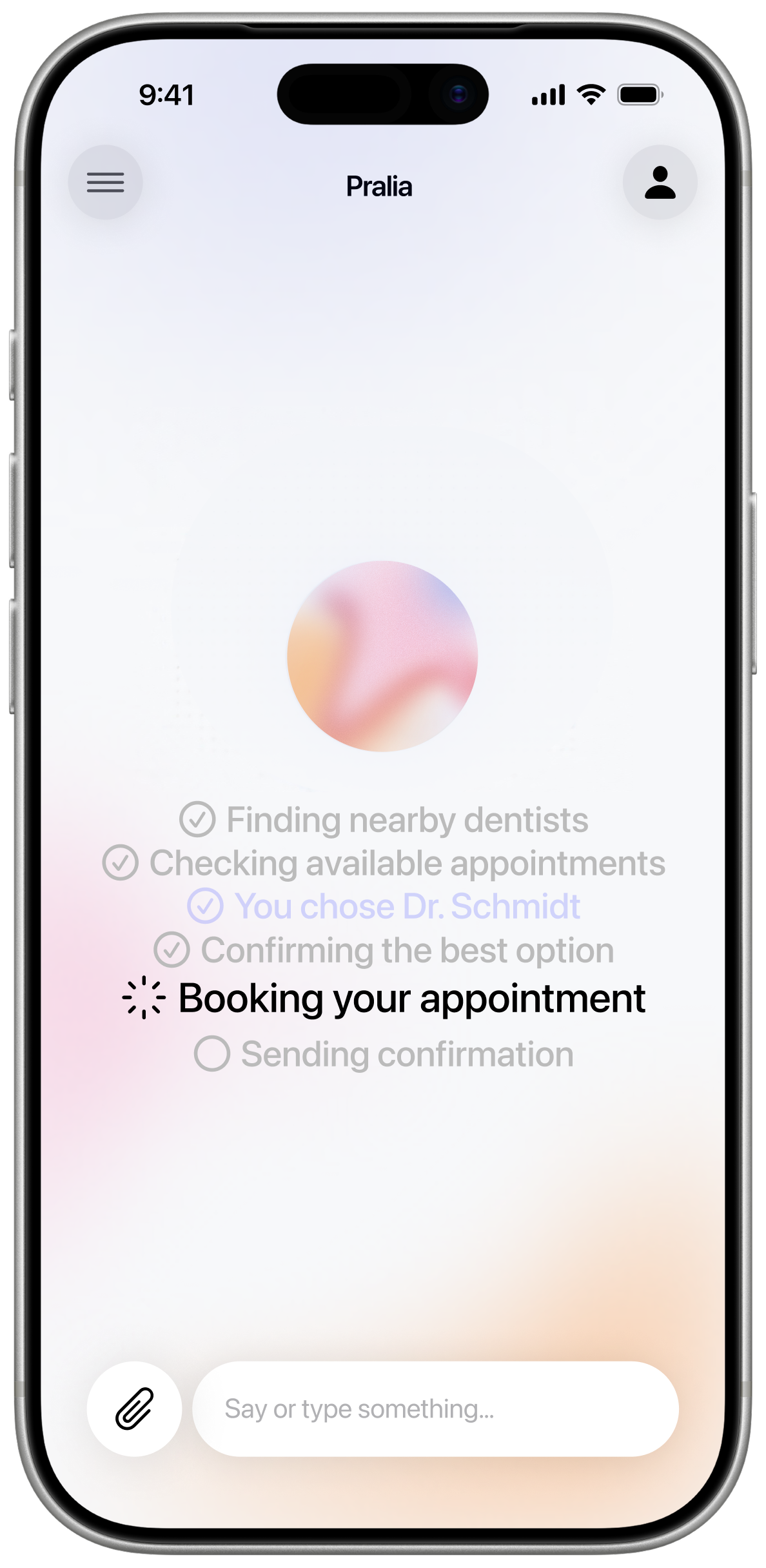 Pralia prototype on a phone: booking a dentist appointment: nearby dentists found, appointment chosen, booking in progress